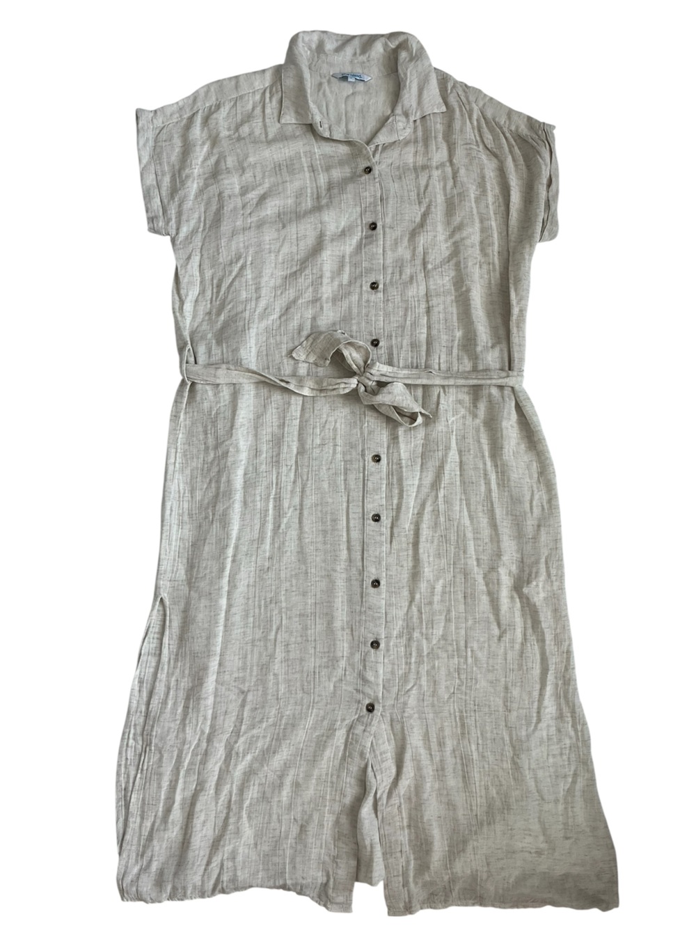 Blue island Neutral color button down maxi dress with tie waist